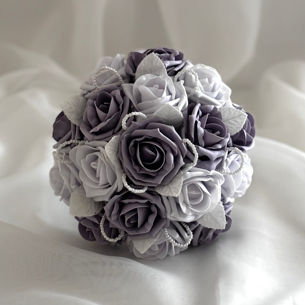 Lavender Artificial Wedding Bouquet Roses and Pearls, Bridal Flowers FL49