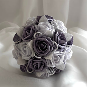Lavender Artificial Wedding Bouquet Roses and Pearls, Bridal Flowers FL49