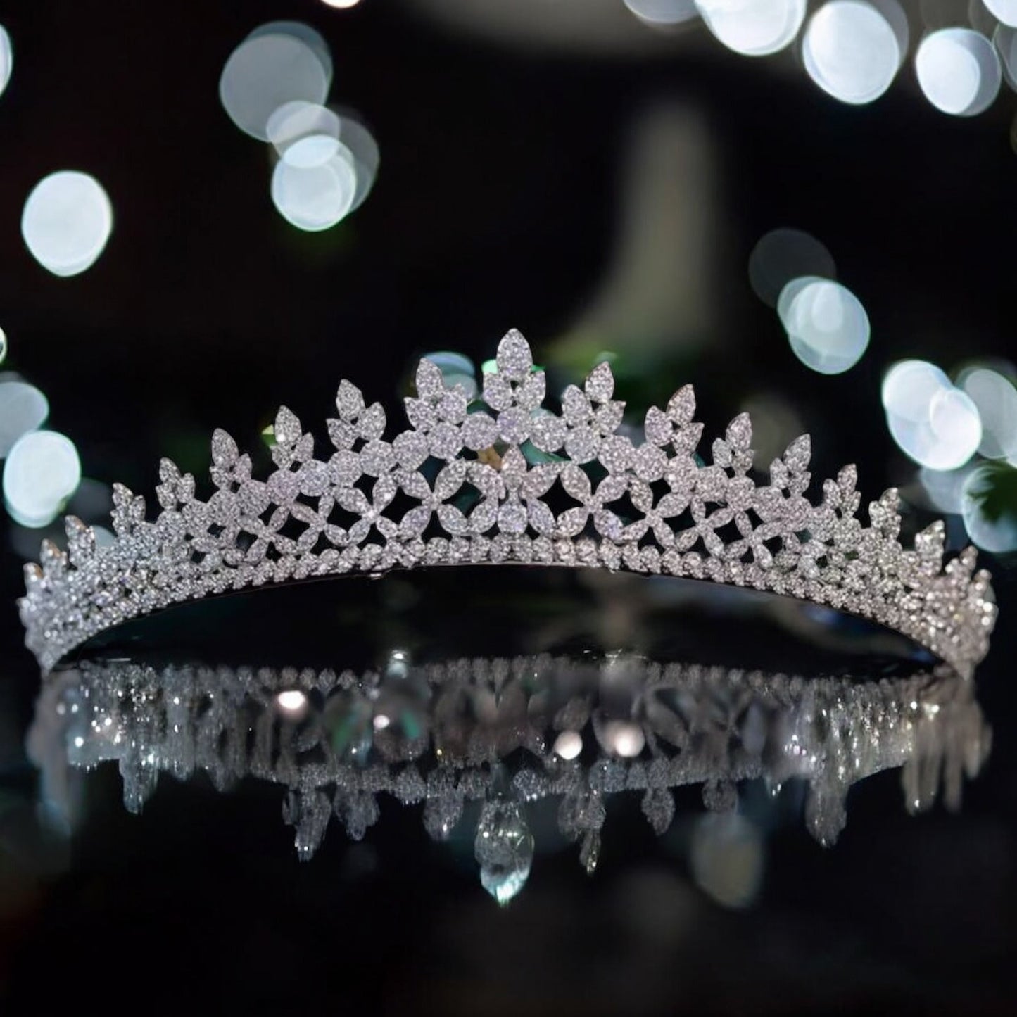 Silver bridal tiara with crystal leaf design and sparkling floral details