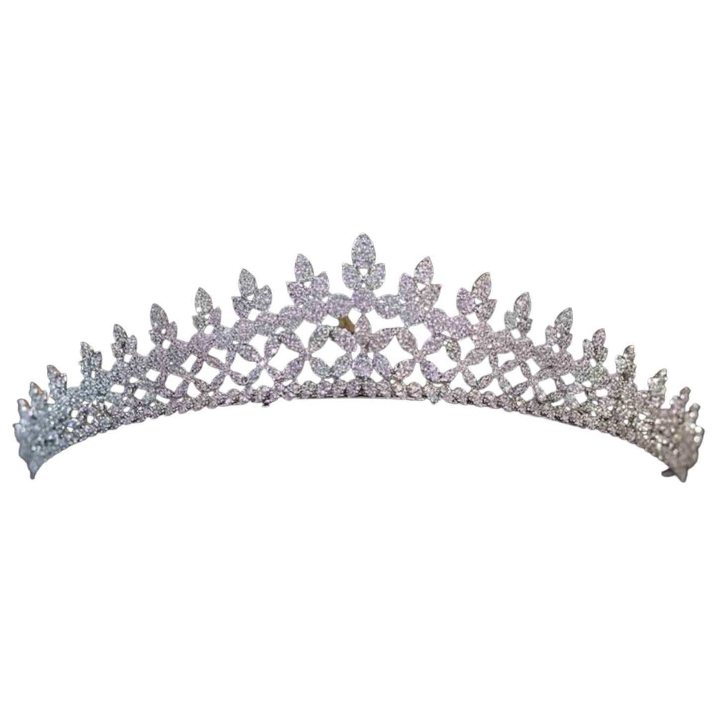 Silver bridal tiara with crystal leaf design and sparkling floral details