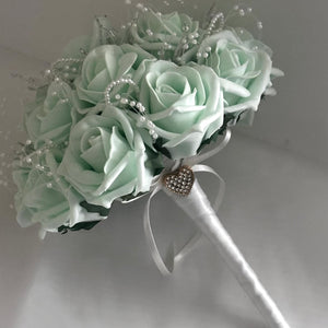 Mint Green Wedding Bouquet, Artificial Roses, Crystals & Pearls, Bridal Flowers FL62