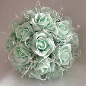 
            
                Load image into Gallery viewer, Mint Green Wedding Bouquet, Artificial Roses, Crystals &amp;amp; Pearls, Bridal Flowers FL62
            
        