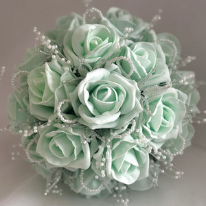 Mint Green Wedding Bouquet, Artificial Roses, Crystals & Pearls, Bridal Flowers FL62