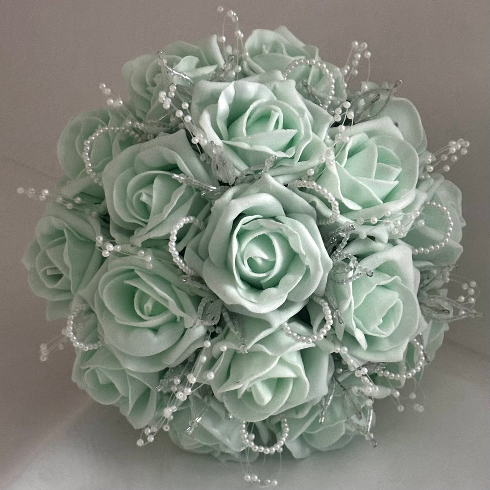 
            
                Load image into Gallery viewer, Mint Green Wedding Bouquet, Artificial Roses, Crystals &amp;amp; Pearls, Bridal Flowers FL62
            
        