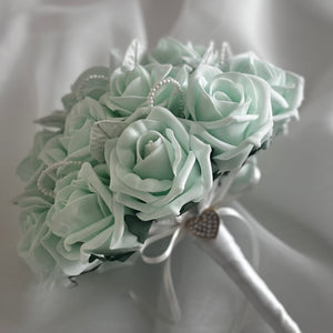 Mint Green Wedding Bouquet with Roses and Pearls, Artificial Bridal Flowers FL39