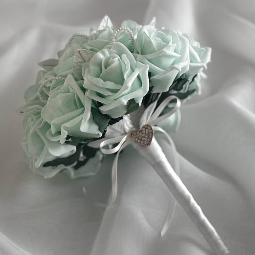 
            
                Load image into Gallery viewer, Mint Green Wedding Bouquet with Roses and Pearls, Artificial Bridal Flowers FL39
            
        