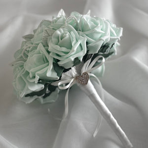 
            
                Load image into Gallery viewer, Mint Green Wedding Bouquet with Roses and Pearls, Artificial Bridal Flowers FL39
            
        