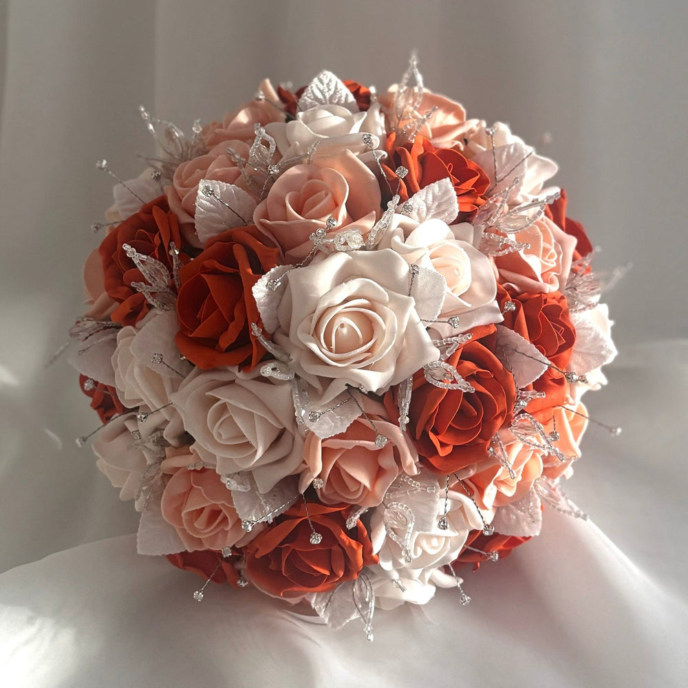 Orange and Peach Artificial Wedding Bouquet, Diamantés and Crystals, Bridal Flowers FL69