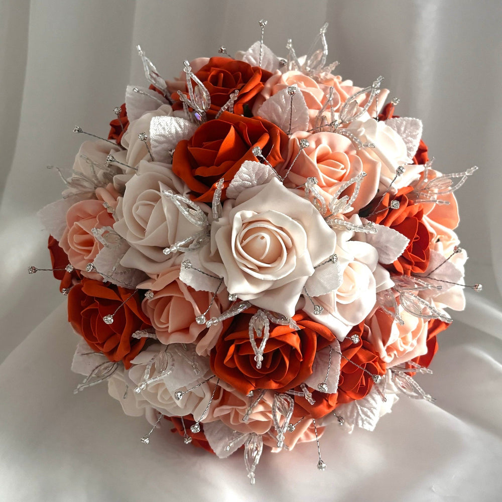 Orange and Peach Artificial Wedding Bouquet, Diamantés and Crystals, Bridal Flowers FL69