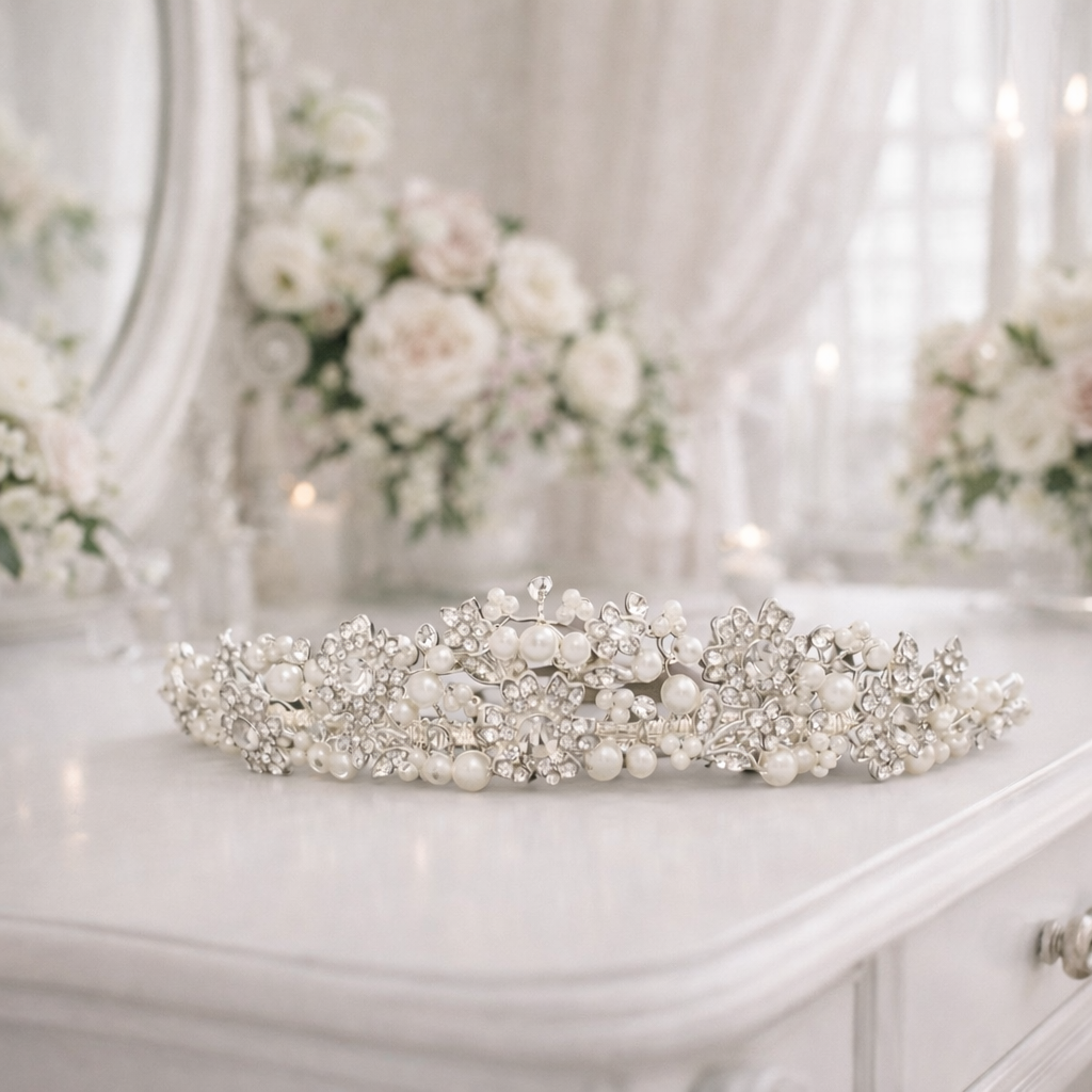 Pearl & Crystal Floral Bridal Tiara, Elegant Wedding Headpiece TLT4560 - Topknot Tiaras & Veils