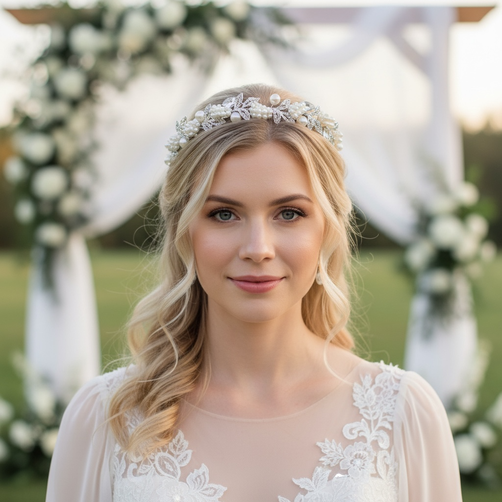 Pearl & Crystal Leaf Bridal Headband – Elegant Silver Wedding Headpiece TLT4715 - Topknot Tiaras & Veils