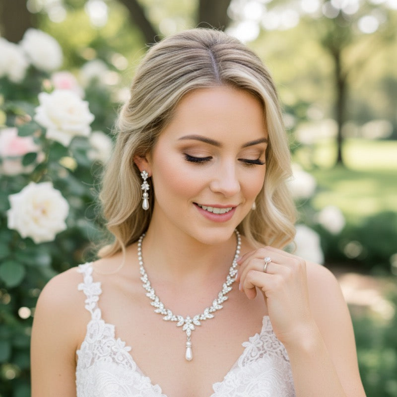 Pearl Drop Bridal Necklace and Earring Set