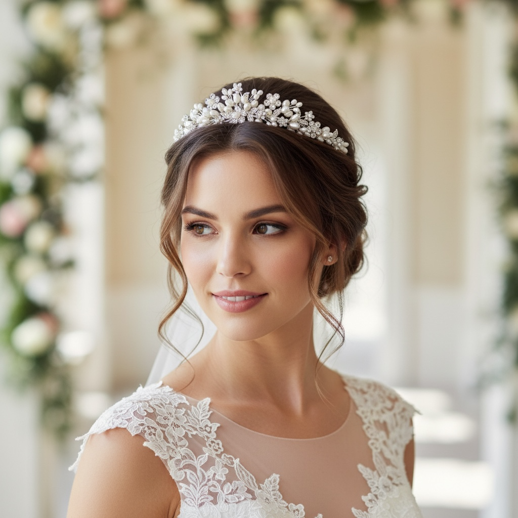 Pearl Wedding Tiara Embellished with Crystals TLT4705 - Topknot Tiaras & Veils