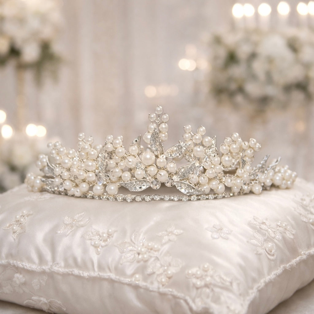 Pearl and Crystal Bridal Tiara, Silver Wedding Crown TLT4710 - Topknot Tiaras & Veils
