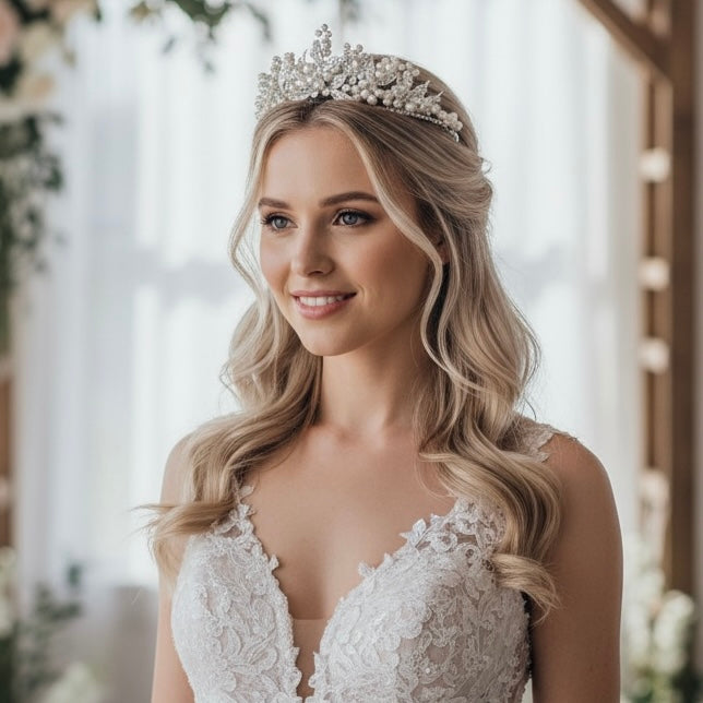 Pearl and Crystal Bridal Tiara, Silver Wedding Crown TLT4710 - Topknot Tiaras & Veils