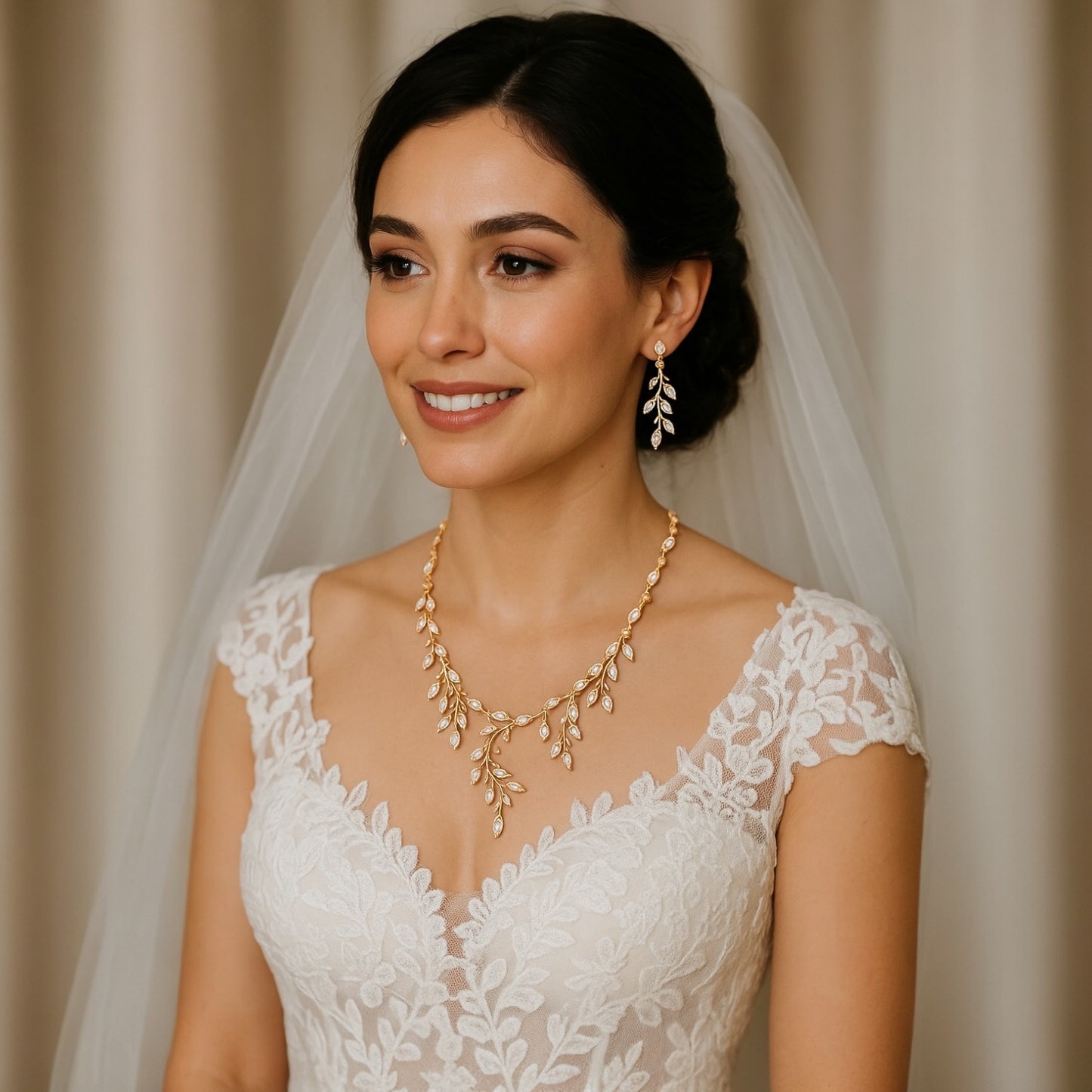 Elegant wedding jewellery set featuring gold vine necklace with matching crystal drop earrings