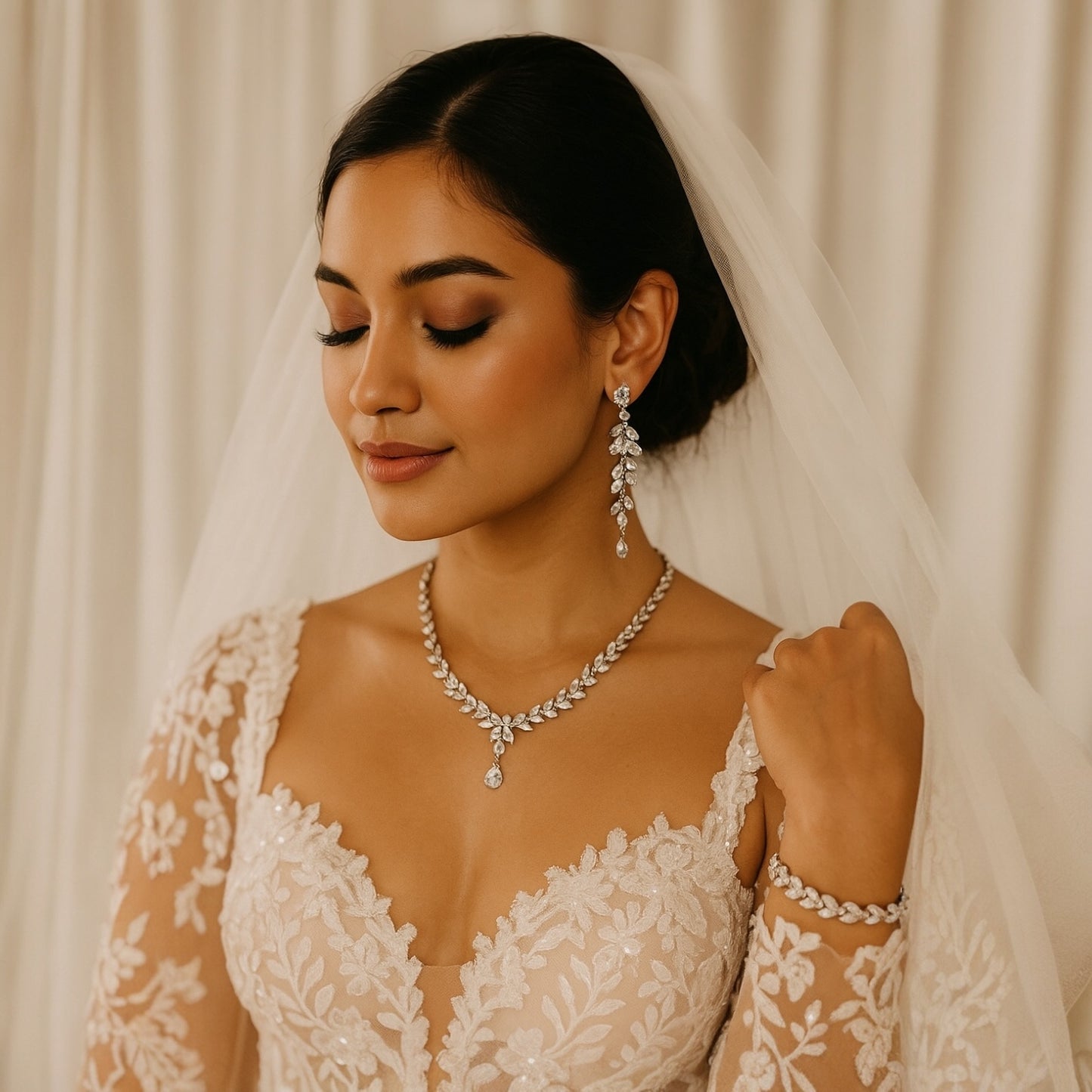 Bridal jewellery set with silver crystal necklace and matching drop earrings