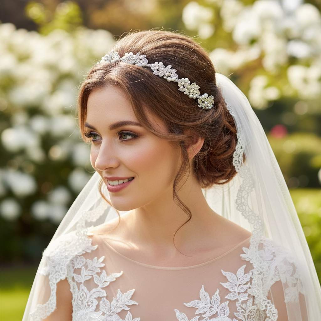 Silver floral Wedding Headband with crystals and pearls