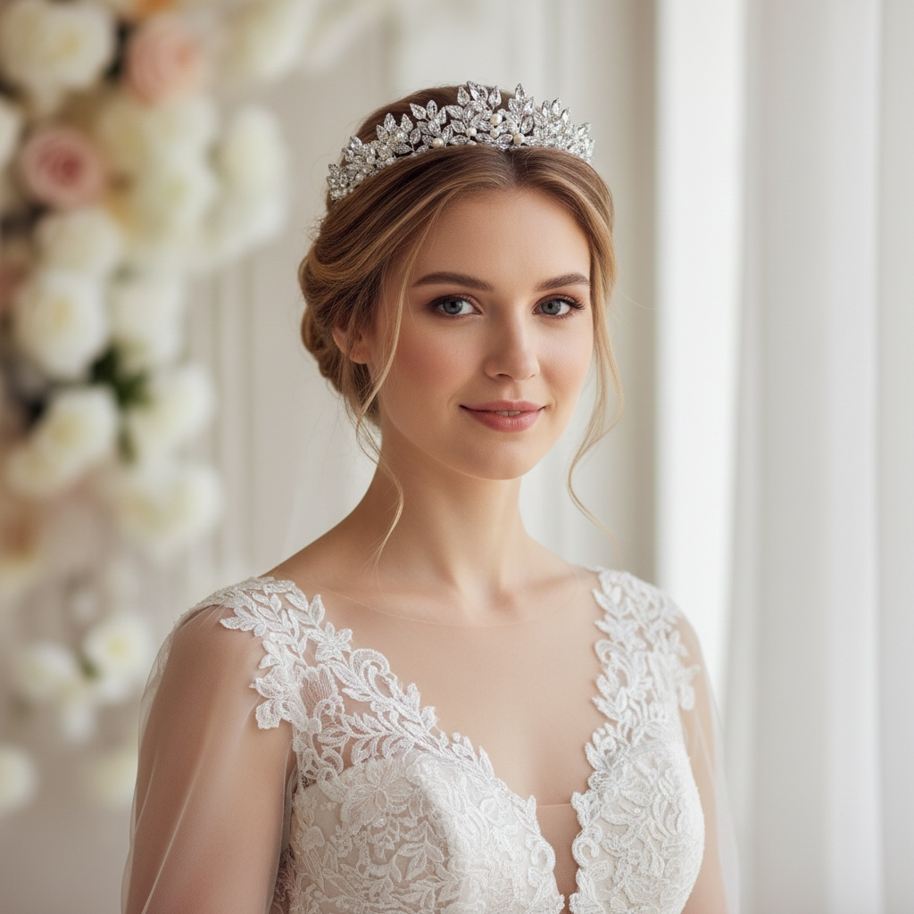 Elegant pearl and crystal wedding tiara for brides