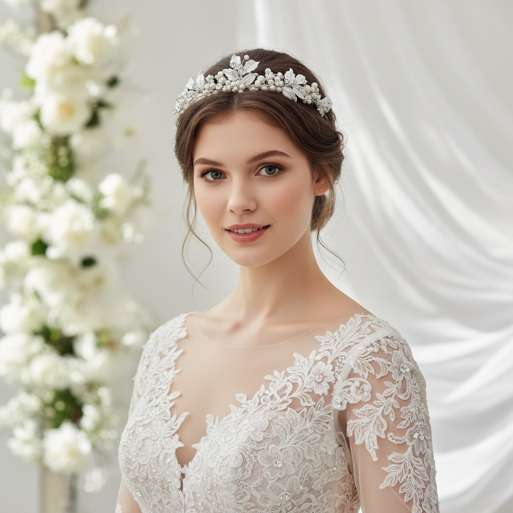 Elegant silver leaf wedding tiara with pearls