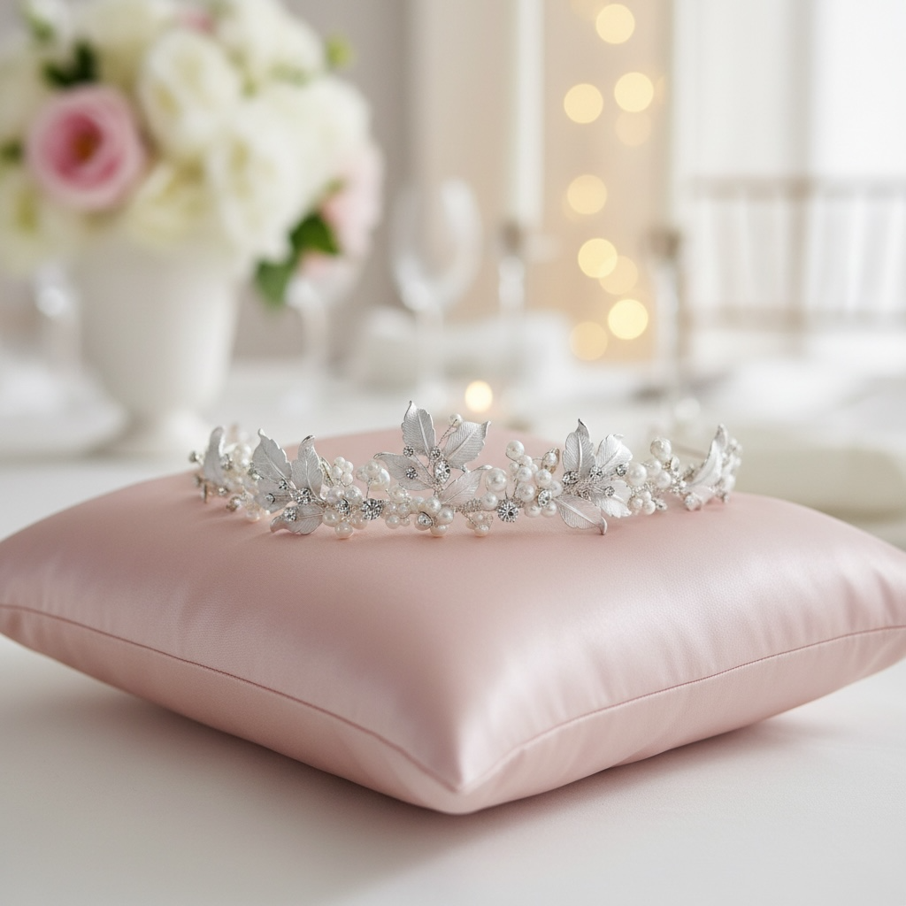 Elegant silver leaf wedding tiara with pearls