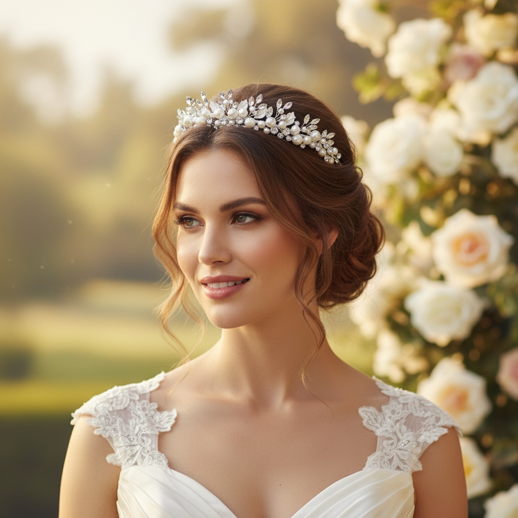 Elegant pearl bridal tiara with crystal detailing