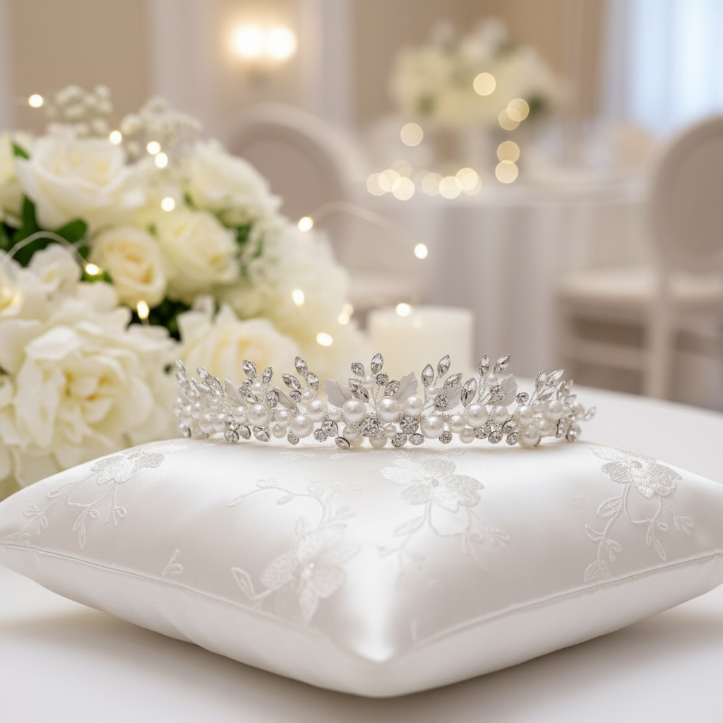 Elegant pearl bridal tiara with crystal detailing