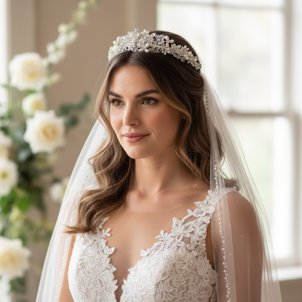 Pearl and crystal bridal tiara for wedding hairstyle