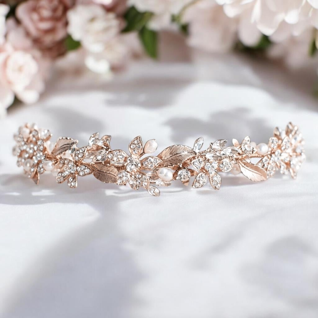 Rose Gold Wedding Hair Vine with Crystals and Pearls