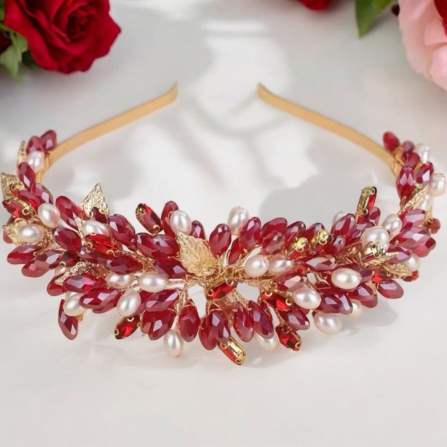 Red & Gold Bridal Headband Embellished with Crystals & Pearls TT1063 - Topknot Tiaras & Veils