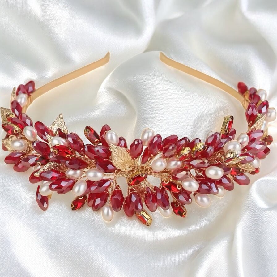 Red & Gold Bridal Headband Embellished with Crystals & Pearls TT1063 - Topknot Tiaras & Veils
