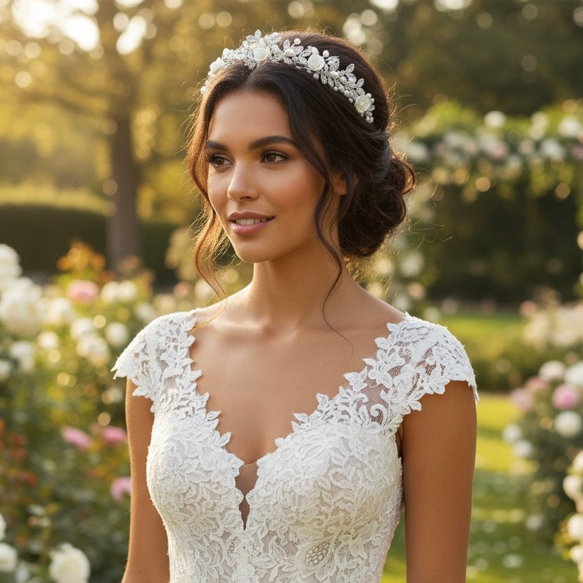 Rose Crystal & Pearl Bridal Tiara, Floral Headpiece TLT4718 - Topknot Tiaras & Veils