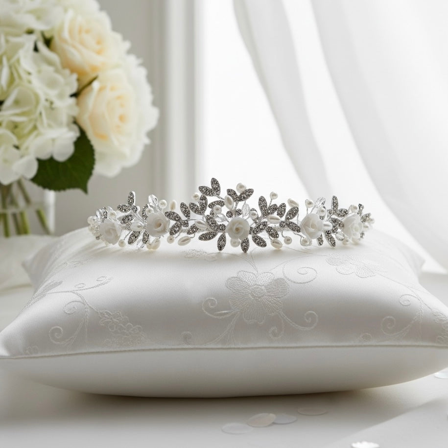 Rose Crystal & Pearl Bridal Tiara, Floral Headpiece TLT4718 - Topknot Tiaras & Veils