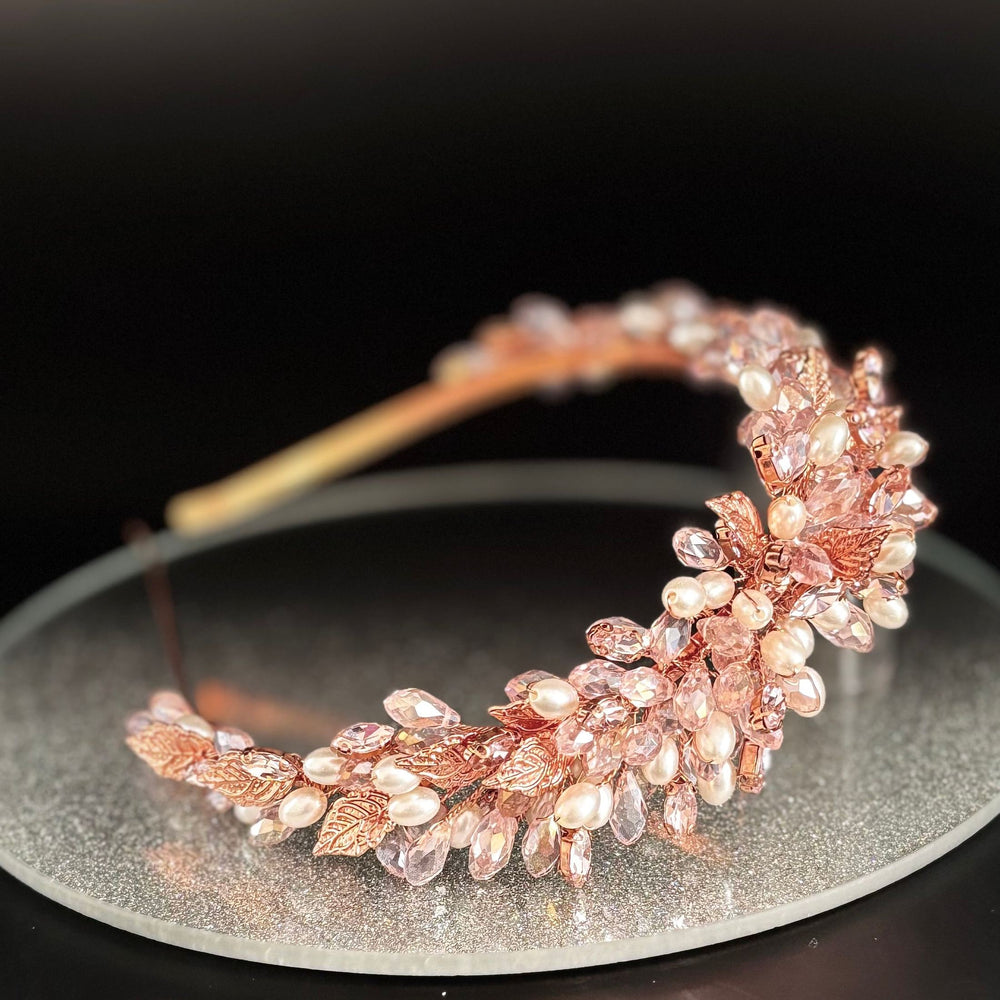 Rose Gold Bridal Headband with Pink Crystals TT1042