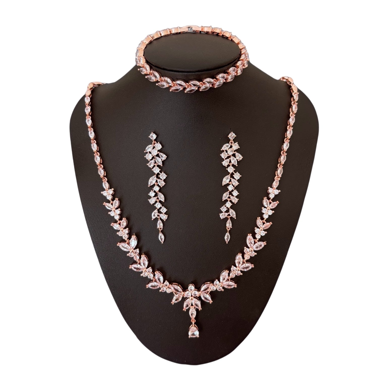 Stunning Rose Gold Plated CZ Bridal Jewelry Set – Necklace & Earrings (18k White Gold Plated, Clear & Pink Stones, Lab-Created Cubic Zirconia)