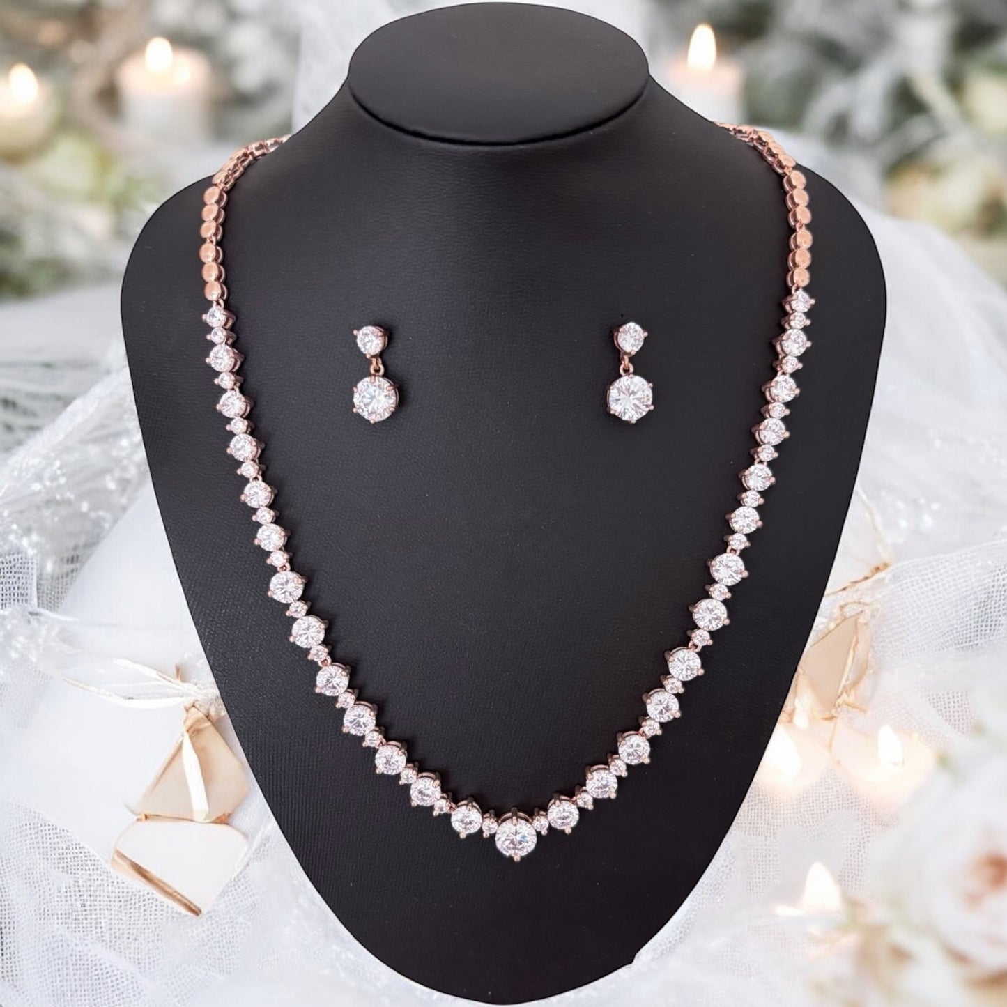 Rose Gold Wedding Jewellery Set, Bridal Necklace and Earrings with Crystals, TT1088 - Topknot Tiaras & Veils