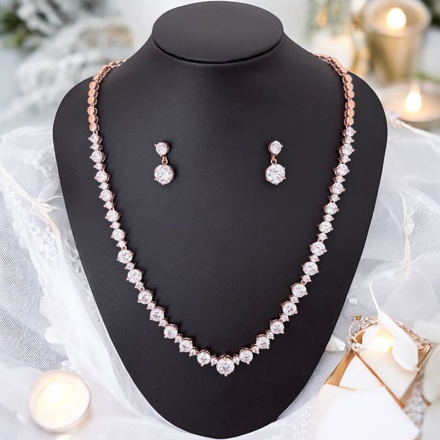 Rose Gold Wedding Jewellery Set, Bridal Necklace and Earrings with Crystals, TT1088 - Topknot Tiaras & Veils
