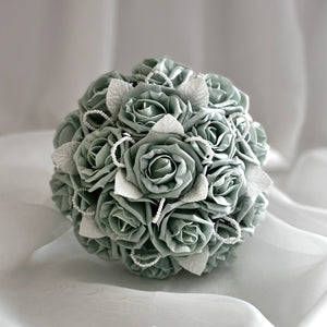 Sage Green Wedding Bouquet with Roses and Pearls, Artificial Bridal Flowers FL54