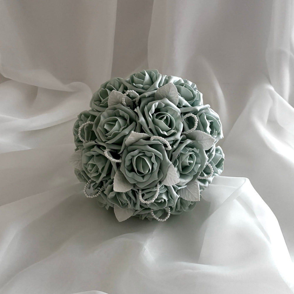 Sage Green Wedding Bouquet with Roses and Pearls, Artificial Bridal Flowers FL54
