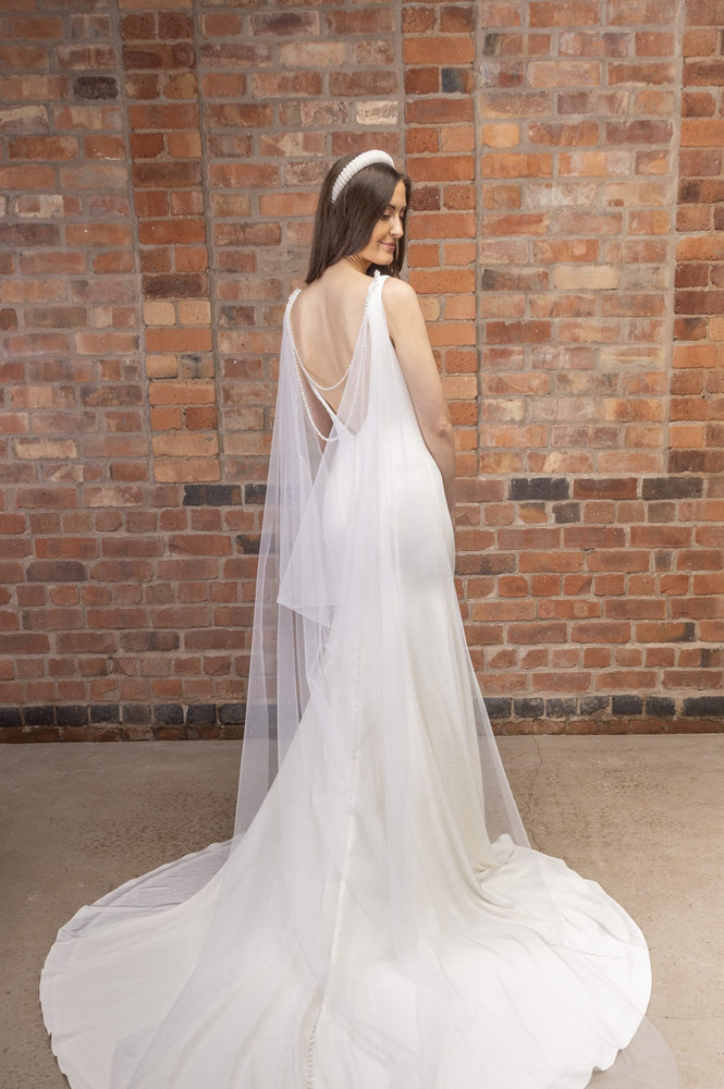 Shoulder Wedding Veil Train with Beaded Chain Back, PBV9073