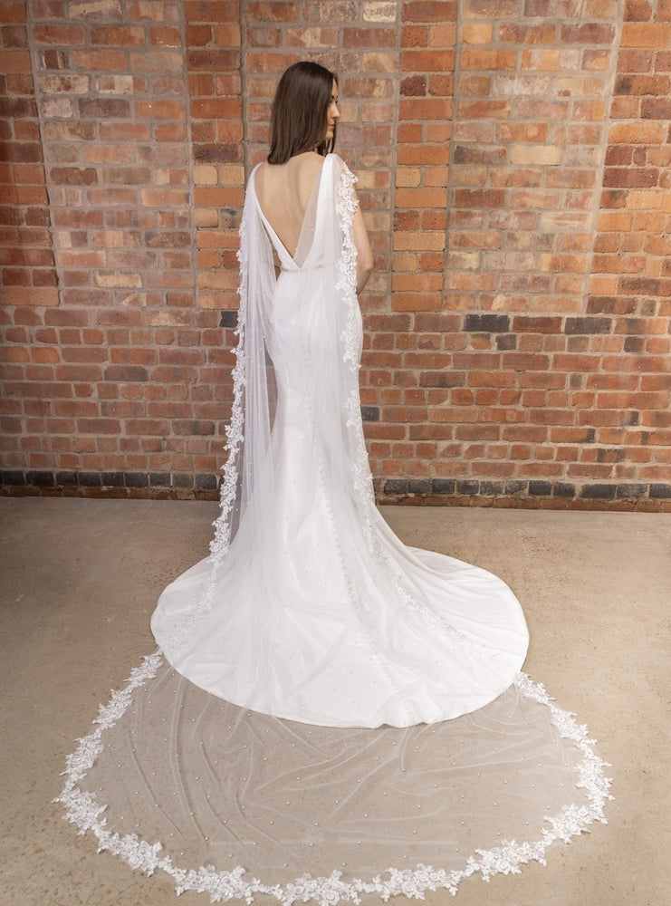 Shoulder Wedding Veil with Lace Edge and Scattered Pearls, PBV9072