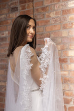 Shoulder Wedding Veil with Lace Edge and Scattered Pearls, PBV9072