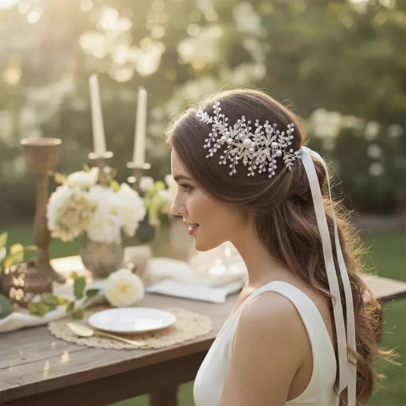 Silver Bridal Hair Vine with Crystal Embellished Leaves and Pearls A3581 - Topknot Tiaras & Veils
