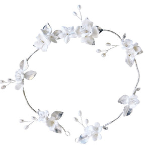 Silver Bridal Hair Vine with Flowers and Ivory Pearls 9834