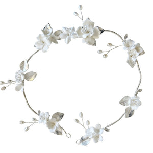 Silver Bridal Hair Vine with Flowers and Ivory Pearls 9834