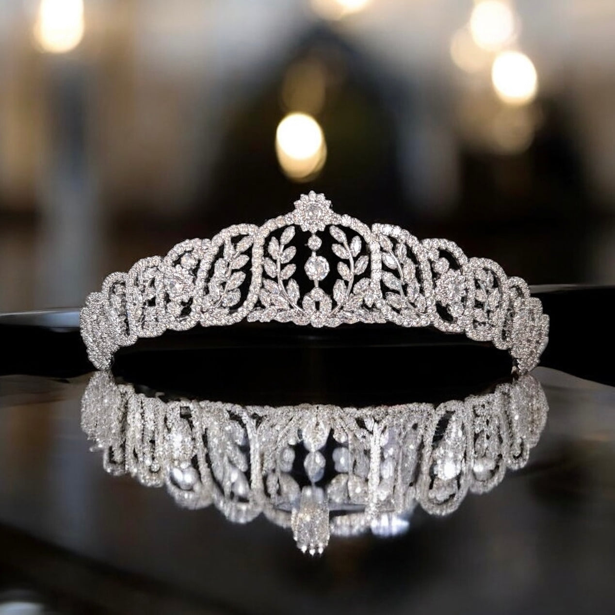 Silver crystal bridal tiara with floral vine design and sparkling crystals, elegant wedding crow