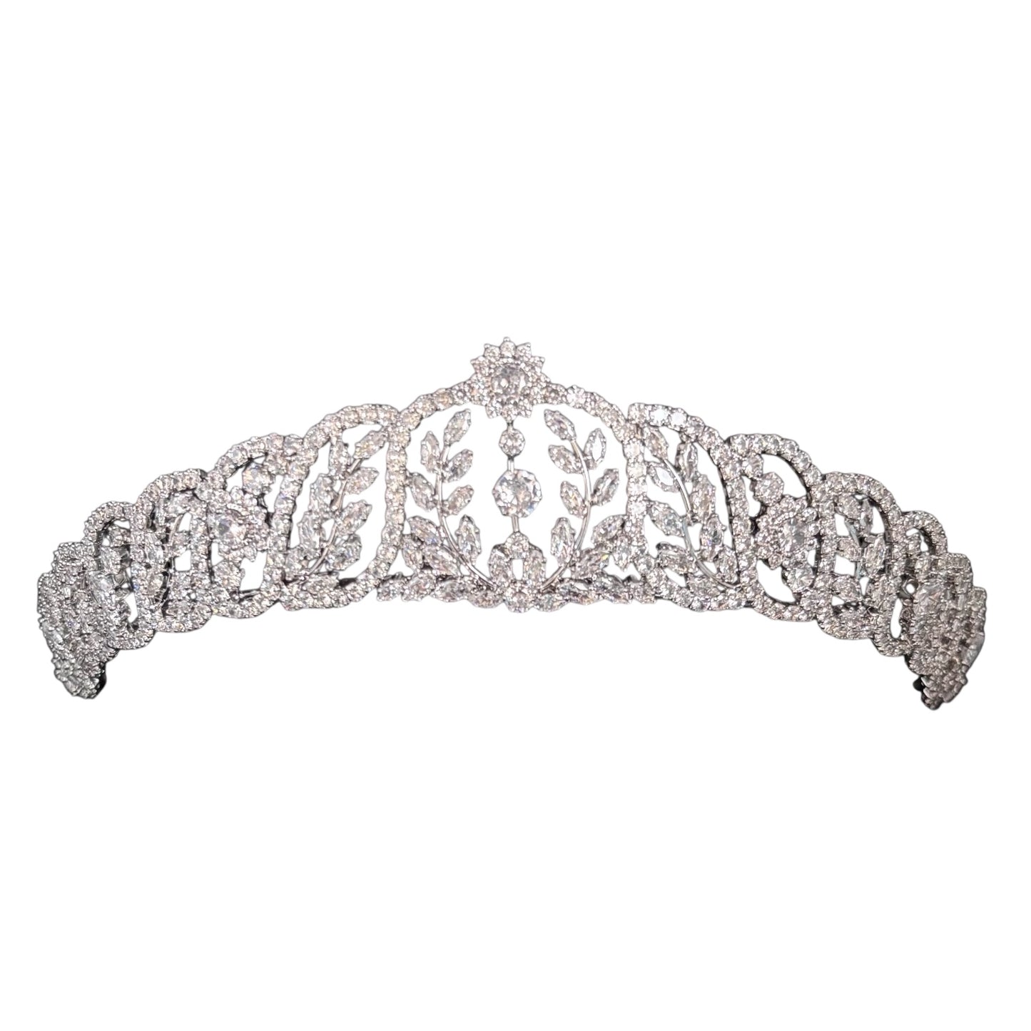 Silver crystal bridal tiara with floral vine design and sparkling crystals, elegant wedding crow