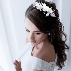 Silver Floral Bridal Headband with Crystals and Pearls, 9693