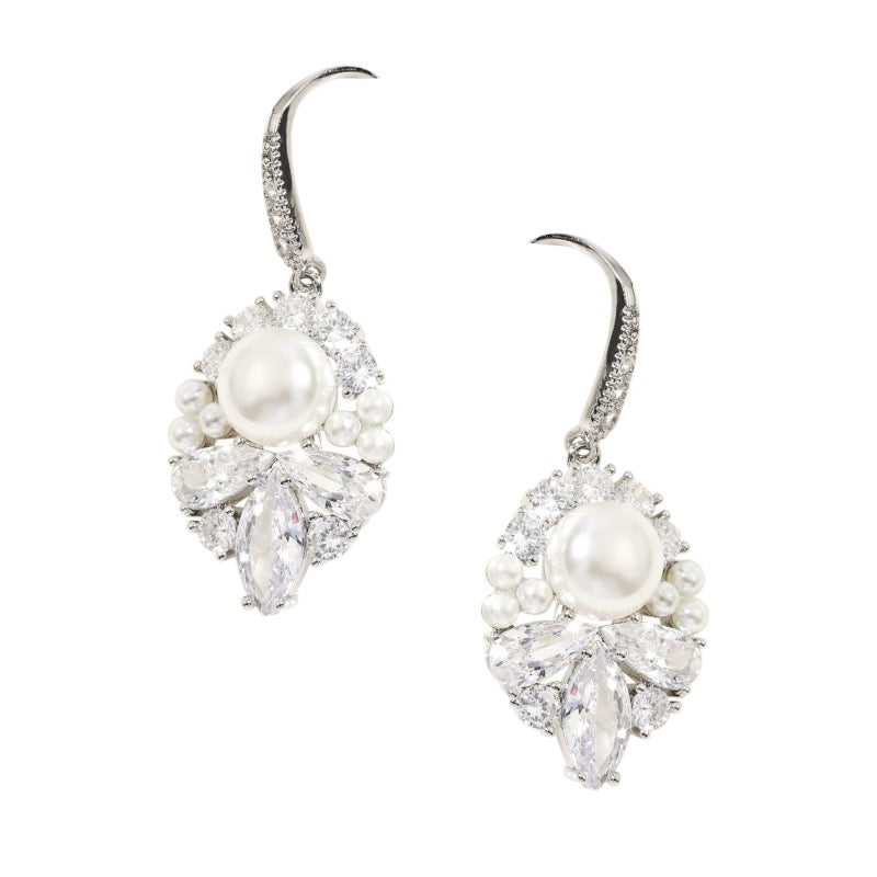 Silver Pearl and Crystal Wedding Earrings 9890