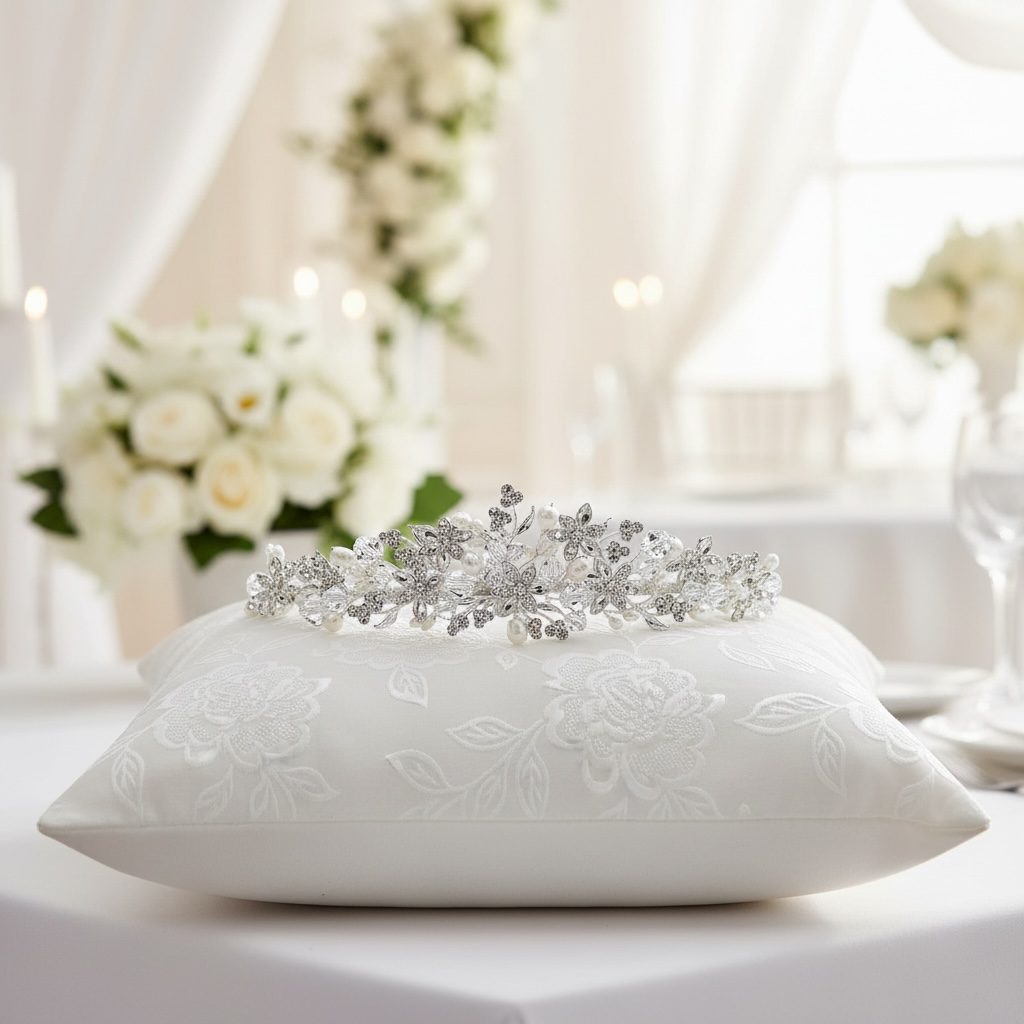 Silver Wedding Tiara Embellished with Crystals & Pearls TLT4650 - Topknot Tiaras & Veils